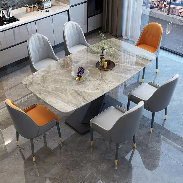 Modern Rectangular White Stone Top Dining Table with Steel Black X-Base