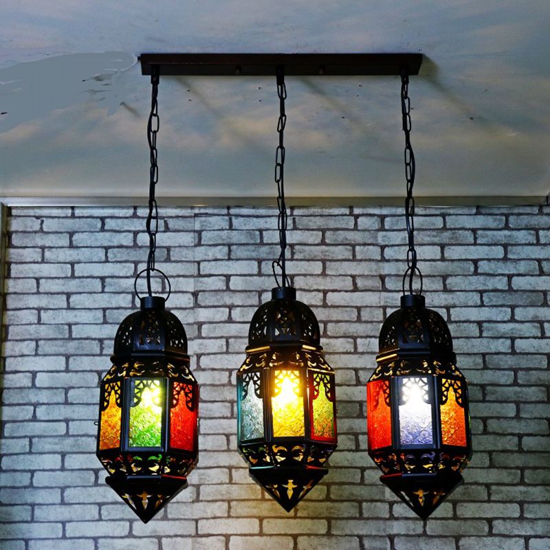 Black 3-Bulb Hanging Lighting Vintage Metallic Lantern Multi Pendant Lamp for Restaurant