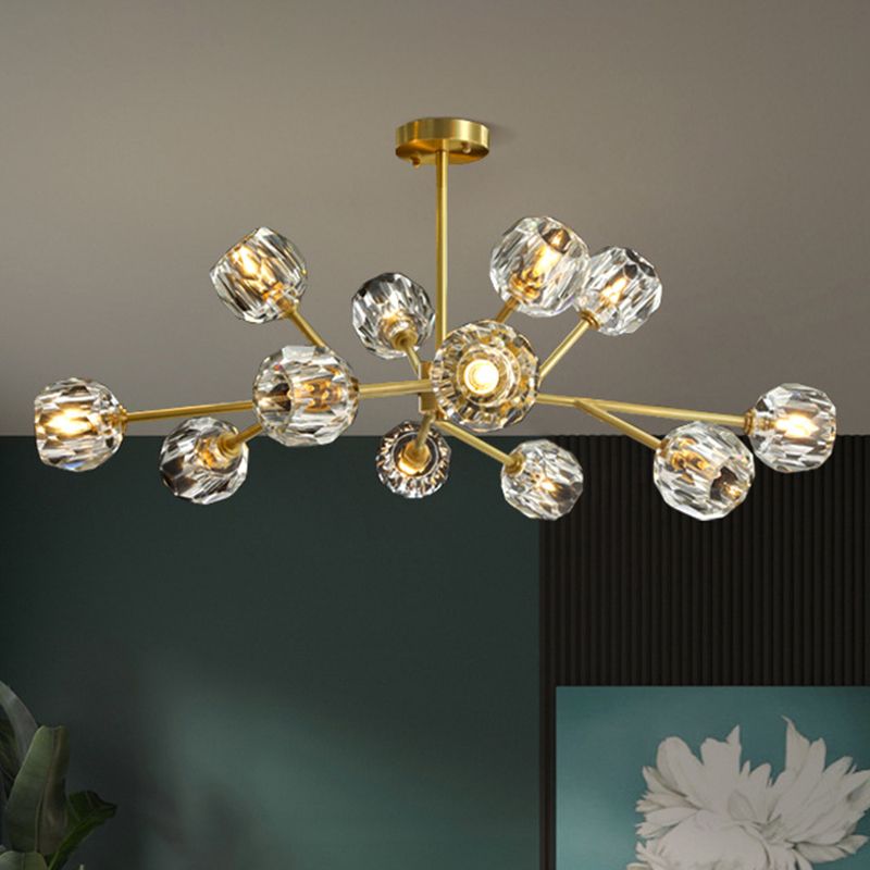 Branch Living Room Suspension Light Metal Artistic Chandelier Light with Faceted Crystal Shade in Gold
