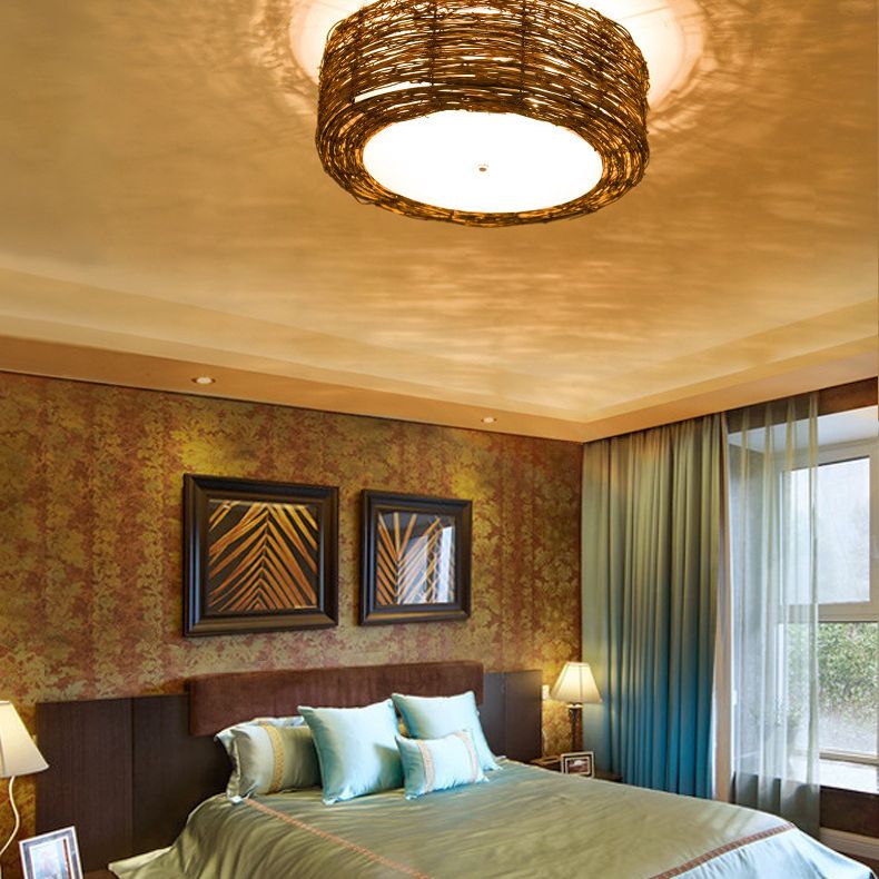 Luminaire de plafond encastré en rotin asiatique, tambour marron pour salle à manger