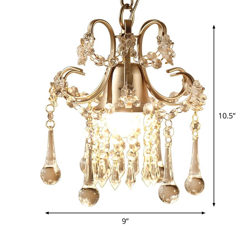Crystal Drip Scrolling Pendant Light Fixture Modernist 1 Head Cloakroom Suspension Lamp in Gold