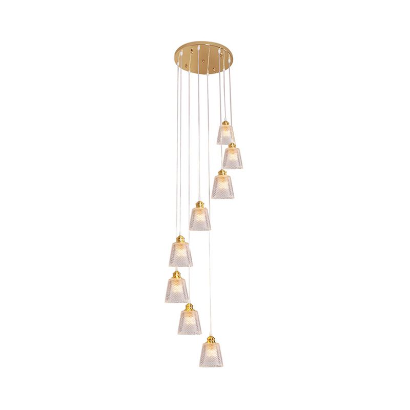Modernist Cone Hanging Lamp Kit 8-Bulb Clear Lattice Glass Multi Light Pendant in Gold with Spiral Design