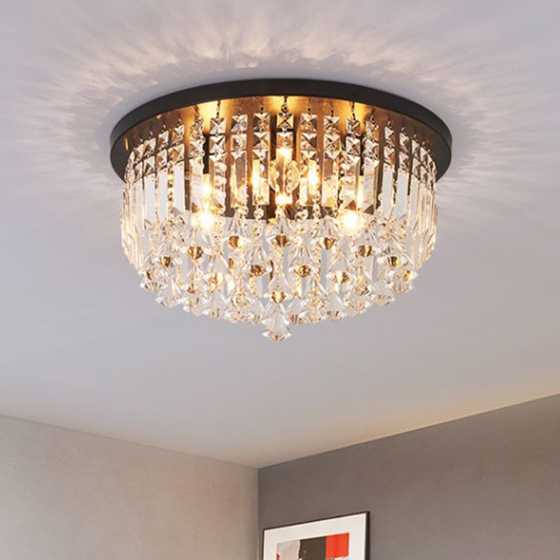 9 Lights Bedroom Flush Light Fixture Contemporary Black Ceiling Lighting with Cascade Crystal Shade