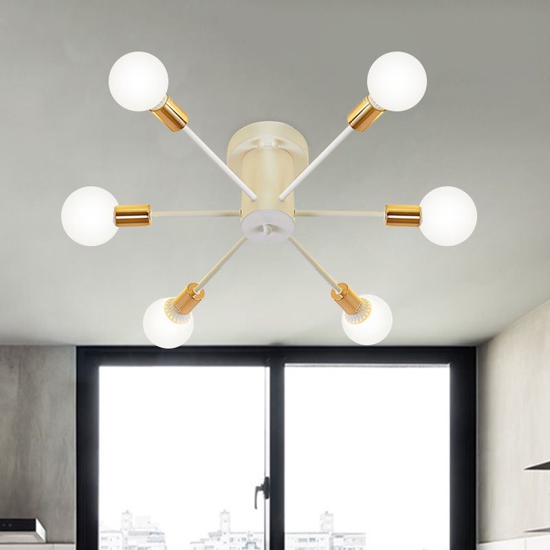 6/8 Heads Bare Bulb Semi Flush Mount Light Vintage Style Black/White Metallic Ceiling Light Fixture for Kitchen