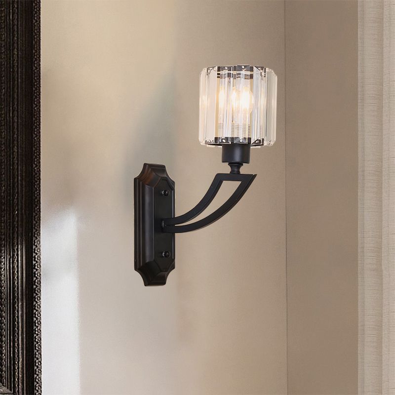 Cylinder Crystal Wall Mount Light Fixture Traditional 1 Bulb Bedroom Surface Wall Sconce in Black