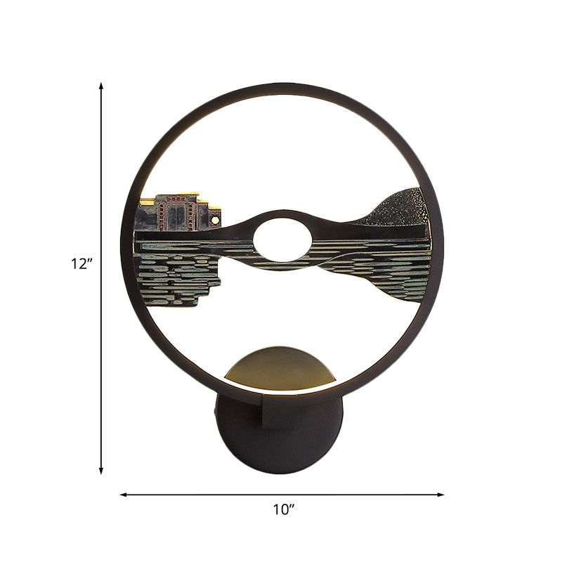 Réflexion du lac Résine LED Mural lampe asiatique Scronce de lumière murale noire pour chambre d'hôtes