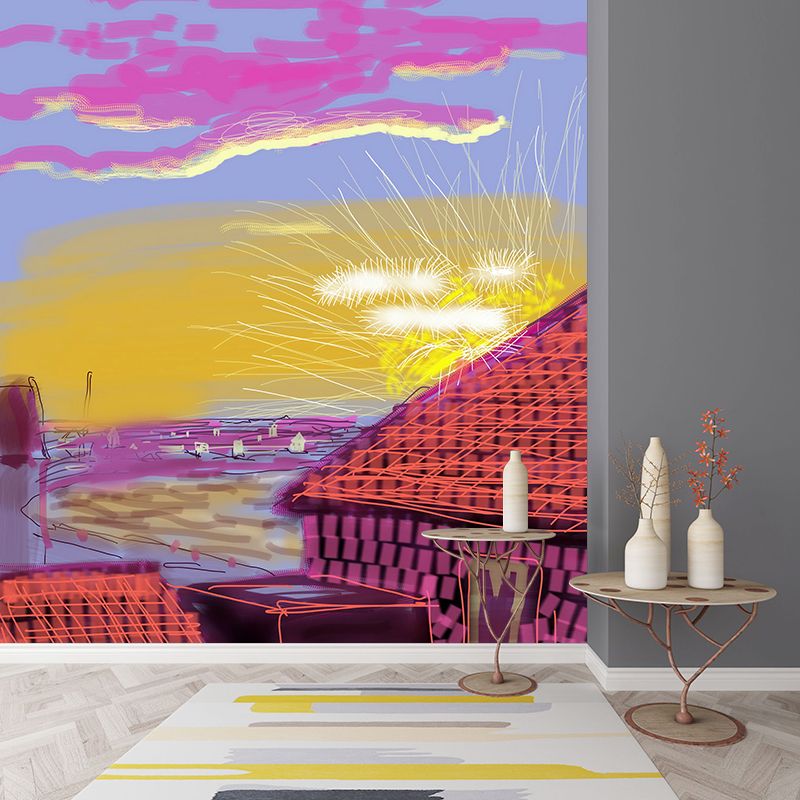 Farmhouse Sunset Scene Mural Wallpaper Artistry Smooth Wall Decoration in Purple-Yellow
