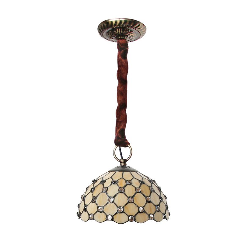 Beige Bowl Suspension Lamp Tiffany 1-Bulb Cut Glass Ceiling Light Fixture with Jewel Deco