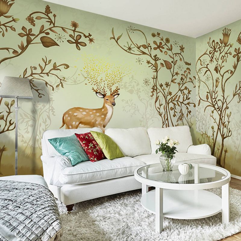 Whole Mural Wallpaper Turquoise Deer and Branch Non-Woven Wall Covering for Home Decor, Made to Measure