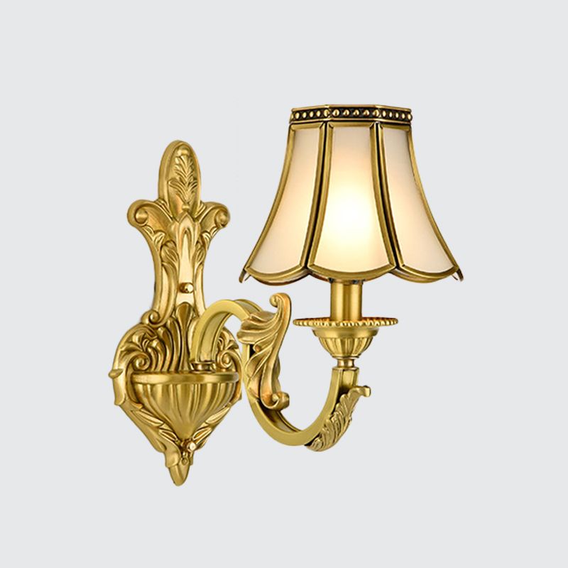 1/2 Light Flared/Bell Wall Mounted Light Traditional Polished Brass Frosted Glass Wall Sconce Lamp