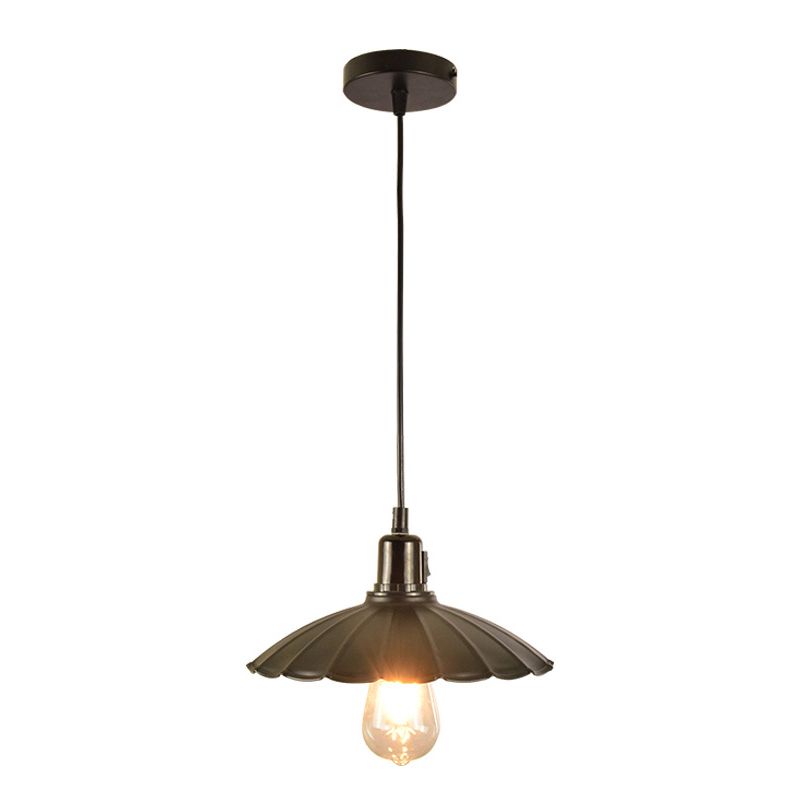 Black Scalloped Hanging Pendant Light Vintage Metal 1-Light Dining Room Suspension Lighting