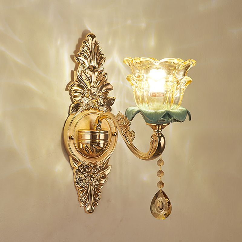 Glass Gold Wall Mount Light Ruffle Flower Retro Wall Lighting with Crystal Draping
