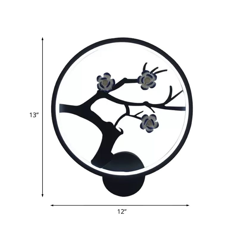 Flower Branch Silhouette Sconce Light Chinese Iron Black Ring LED Wall Mount Mural Lamp