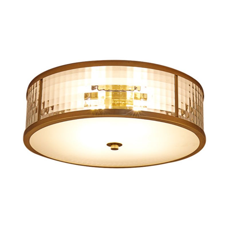 3/4/5 Bulbs Drum Ceiling Mount Colonial Brass Frosted Crystal Glass Flush Light Fixture for Bedroom, 14"/18"/23.5" W