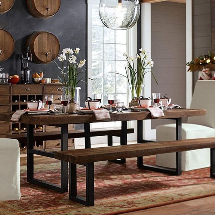 Contemporary Brown Kitchen Dining Table Rectangle Solid Wood Dining Table with Trestle Base