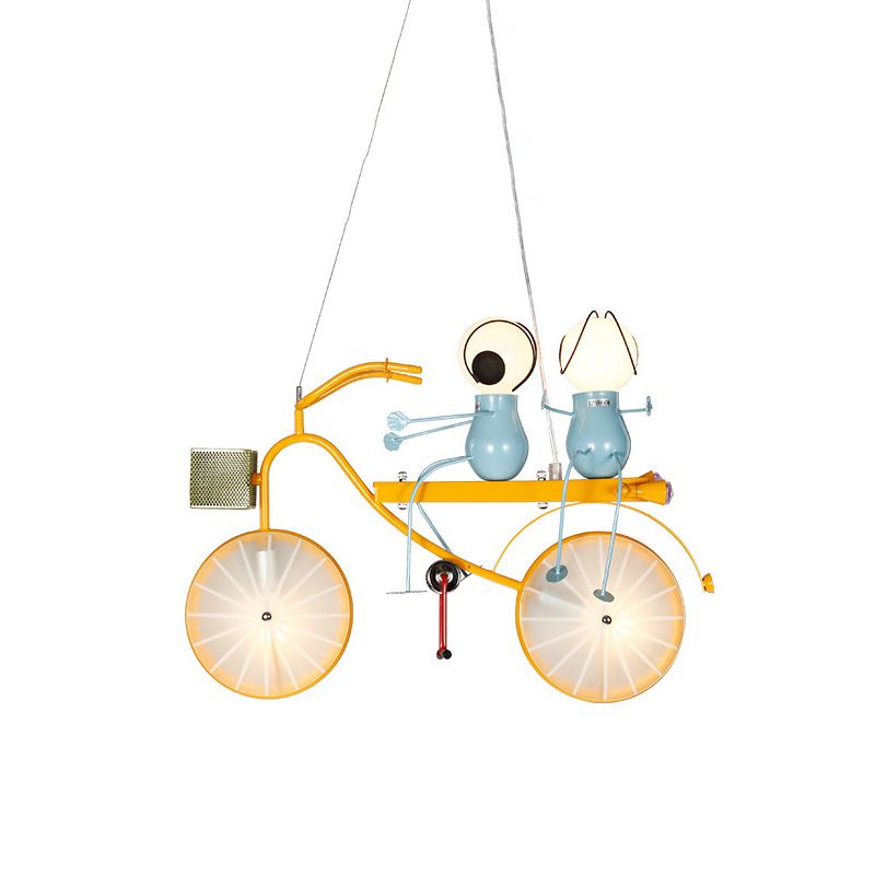 Metal Bicycle Chandelier Lamp Kids LED Yellow Hanging Pendant Light with Frosted Glass Shade