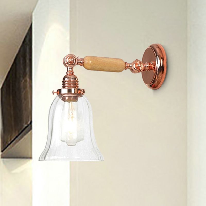 Campana de luz de madera de vidrio prismático claro de 1 lámpara de pared de estilo vintage de 1 luces con brazo extensible
