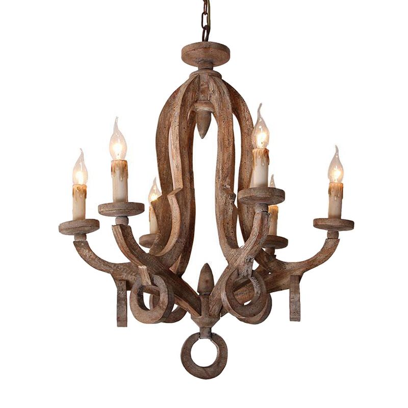 Wooden Candlestick Chandelier Pendant Light Vintage 6 Bulbs Living Room Hanging Light