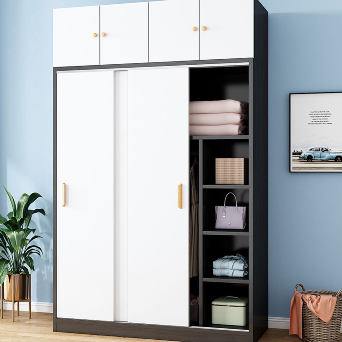 Freestanding Wood Frame Wardrobe Armoire Contemporary Multifunctional Wardrobe