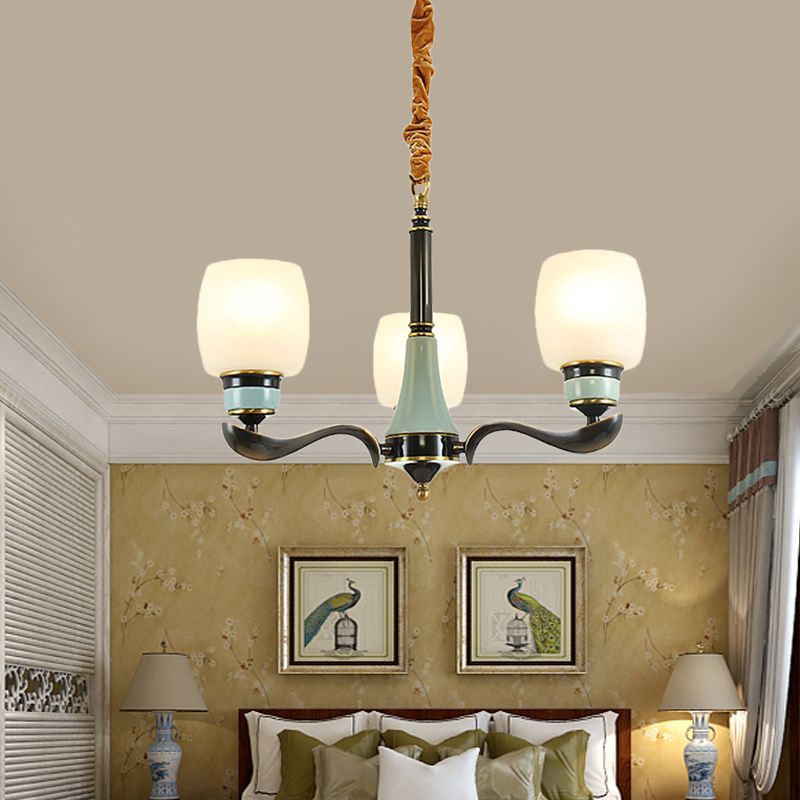 Black Bucket Hanging Chandelier Rural Style White Glass 3 Lights Dining Room Pendant Lighting Fixture