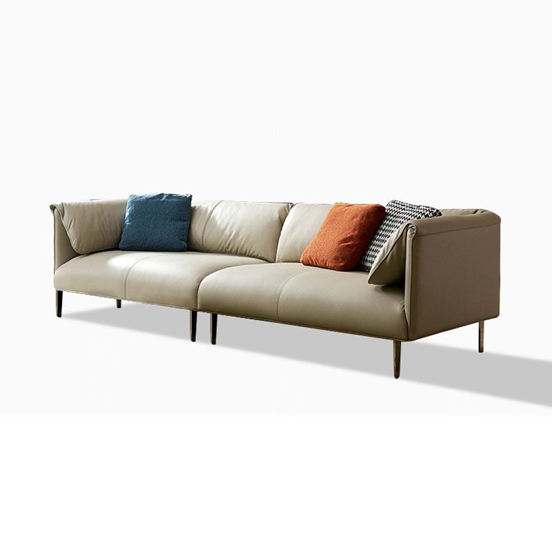 Modernism Leather Sofa in Khaki Tuxedo Arm Sofa with 3 Pillows