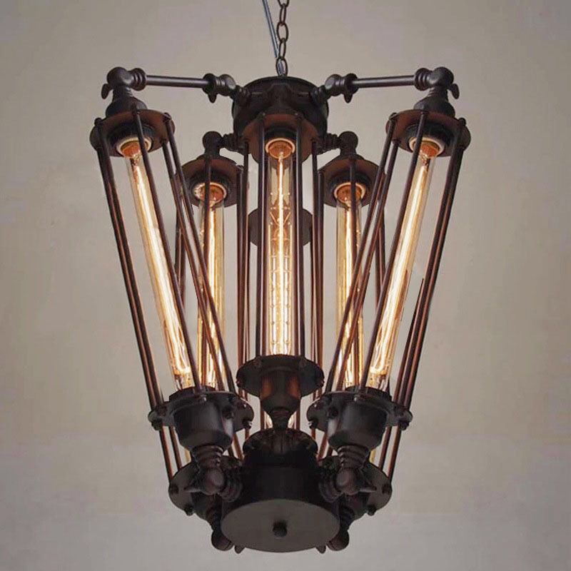 Black 8-Light Pendant Light in Industrial Retro Style Wrought Iron Linear Hanging Lamp