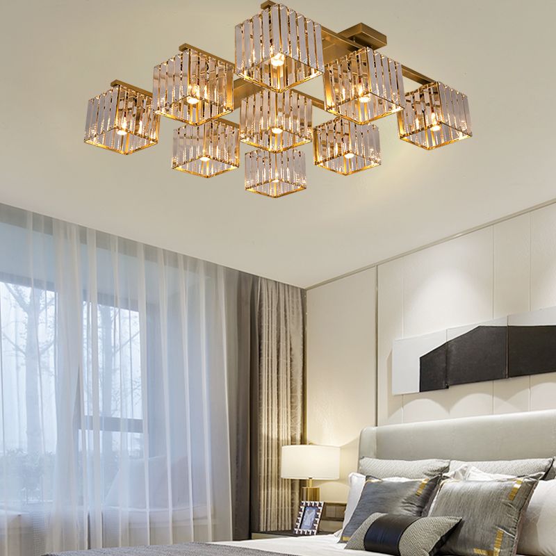 Accesorio de techo para sala de estar, barra de cristal de tres lados, cuadrado moderno, semiempotrado, 4/6/9 luces, en dorado/negro