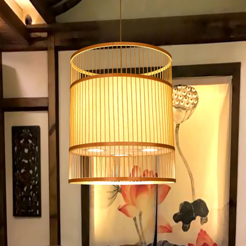 Beige Cylindrical Suspension Pendant Contemporary 1-Light Bamboo Ceiling Hang Lamp for Restaurant