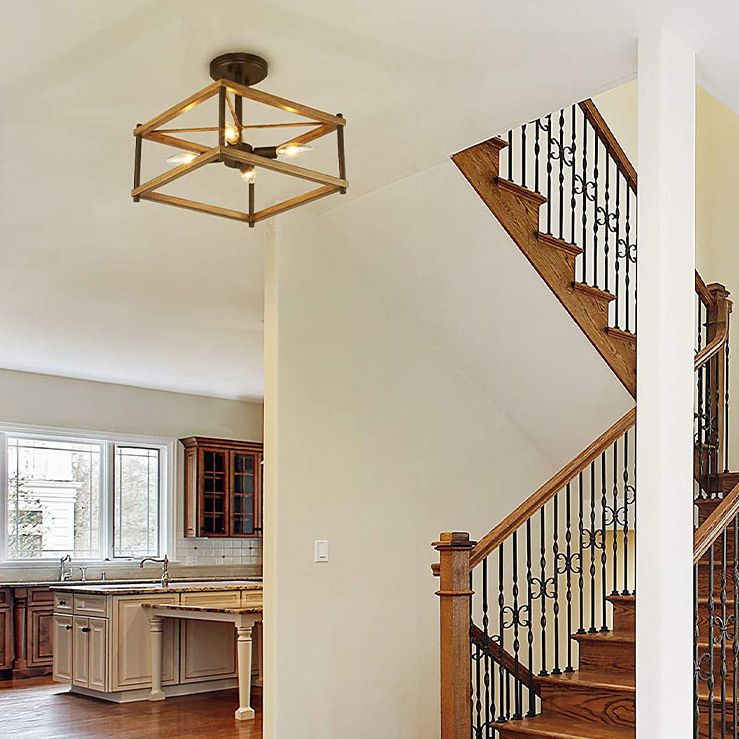 Luz de techo negro de madera en el estilo industrial de hierro forjado Geométrico Semi Flush Monte