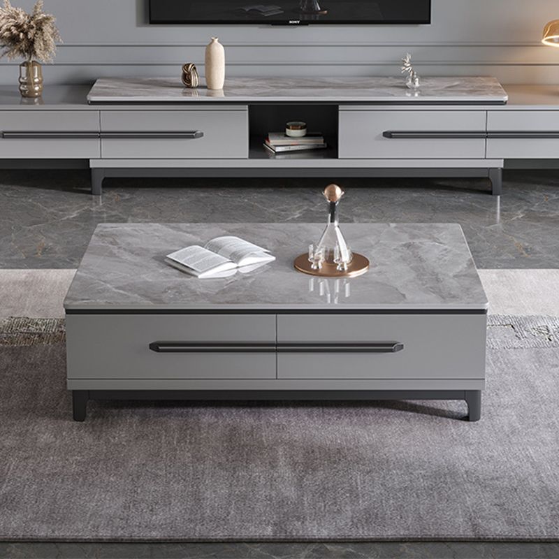 Stone Top Coffee Table with 4 Wooden Legs and 2 Drawers Cocktail Table