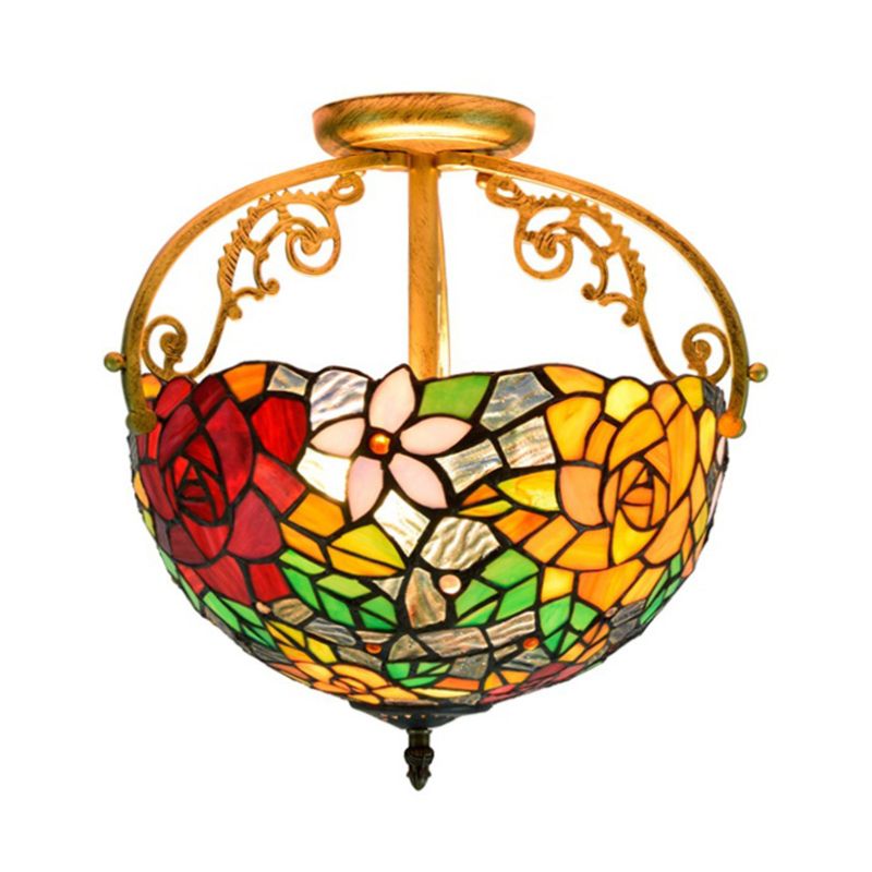 2 Lights Floral Bush Semi Flush Light Fixture Victorian Red/Pink/Green Cut Glass Ceiling Flush for Corridor