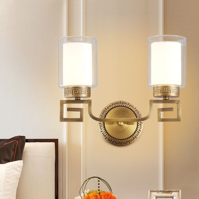 Cylinder Double Glass Wall Sconce Lamp Modernism Style 2 Lights Corridor Wall Light in Brass