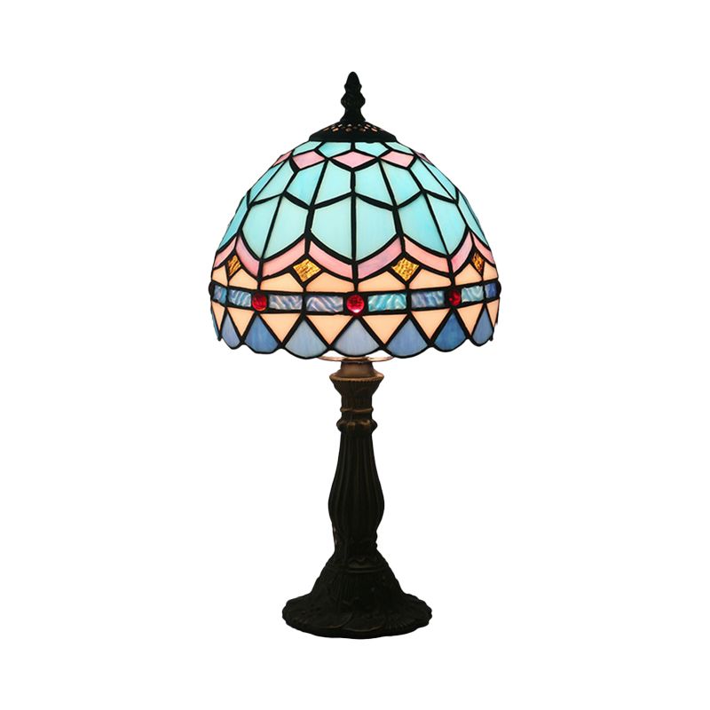 1 Bulb Table Lighting Tiffany Bowl Shaped Stained Art Glass Night Lamp in Yellow/Blue with Baluster