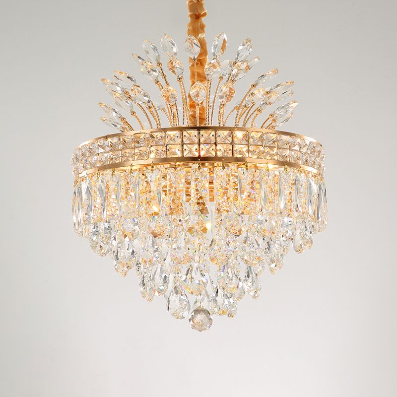 Gold 9 Bulbs Chandelier Light Fixture Contemporary Clear Crystal Conical Hanging Pendant for Bedroom