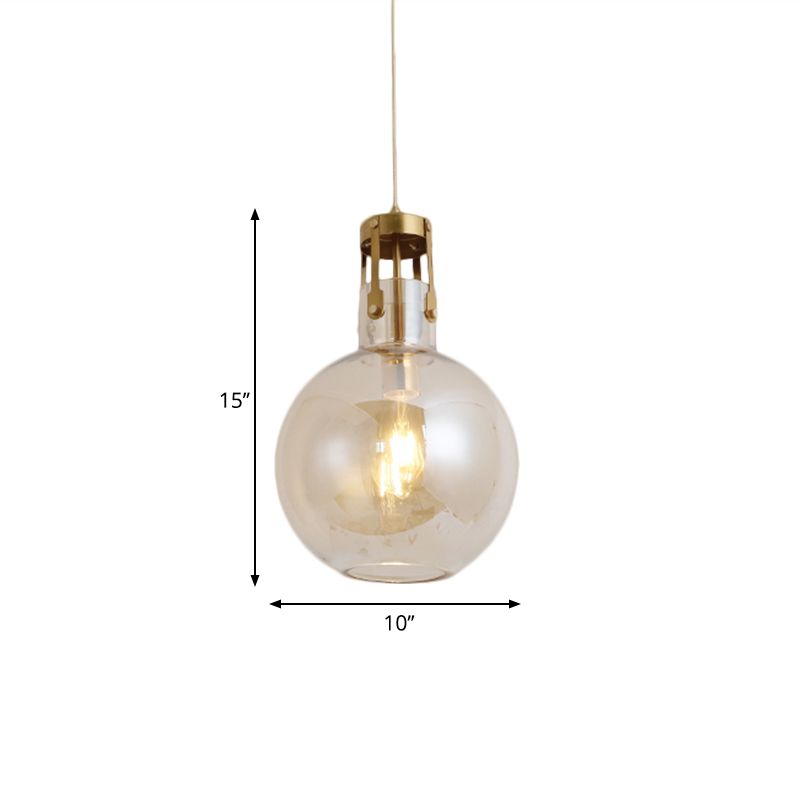 1-Light Bedside Pendant Lamp Postmodern Brass Hanging Light with Ball Cognac Glass Shade
