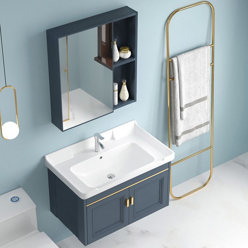 Blue Rectangle Vanity Set Metal Frame Wall-Mounted 2 Doors Mirror Single Sink Bath Vanity