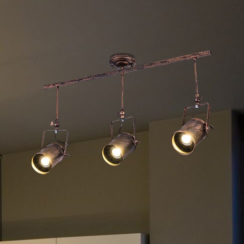 Luz de riel cilíndrica de estilo antiguo, lámpara de techo semiempotrada de hierro forjado de 1/2/3 luces en óxido oscuro para cafetería