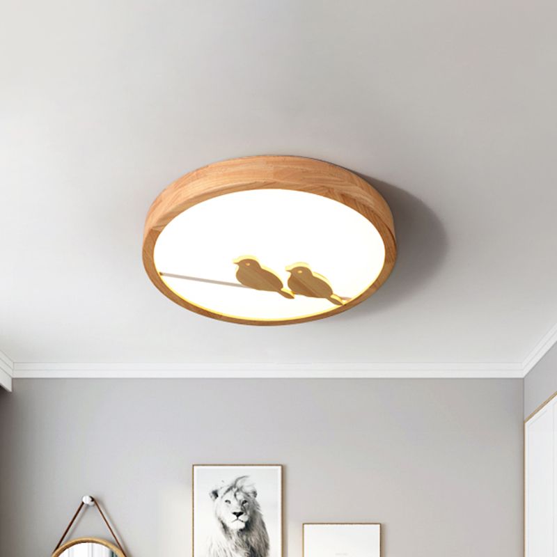 Tambour Acrylique Ceiling montés à ébullition moderne Poussée à bois clair Fixture avec motif d'oiseau