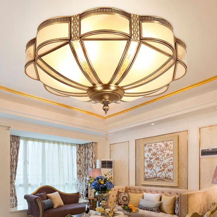 Style Colonial 1 Lumière Plafonnier En Cuivre Abat-Jour En Verre Blanc Plafonnier Chambre Salle À Manger