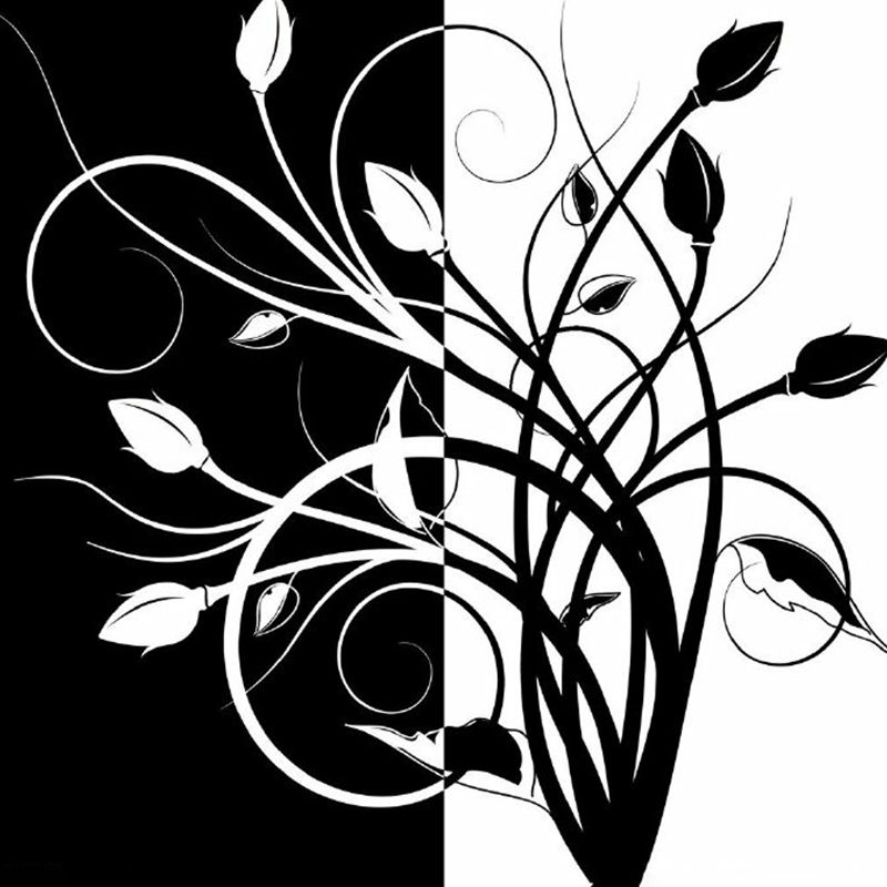Swirled Flower Buds Mural Wallpaper Black-White Minimalistic Wall Art for Bedroom