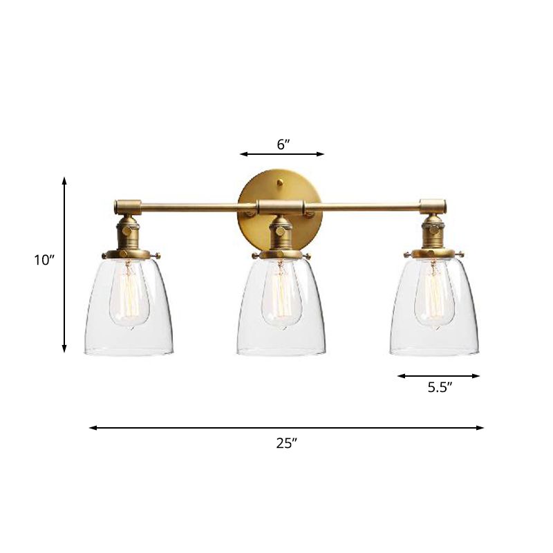3-Bulb Cone Wall Mounted Light Fixture Industrial Brass Clear Glass Lighting for Restaurant