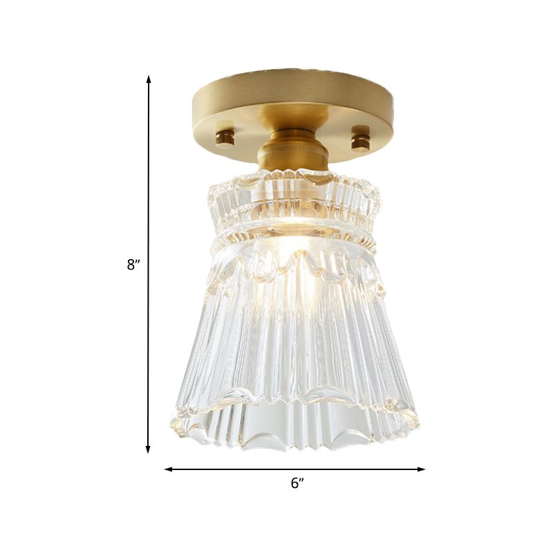 Single Bulb Semi Flush Mount Industrial Cone Clear Textured Glass Ceiling Light in Brass for Living Room