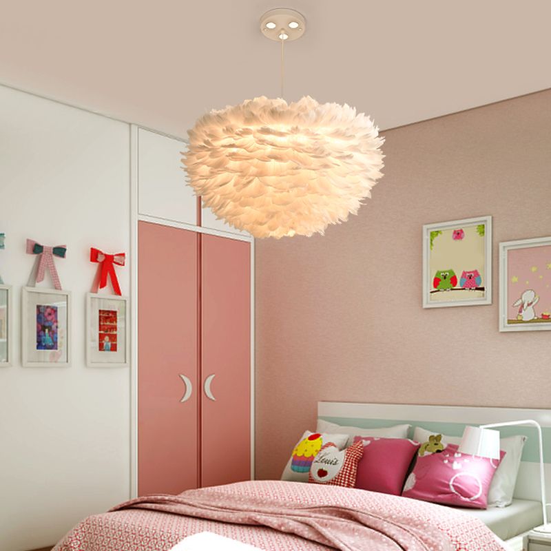 Gänsefeder Drum Anhänger helles nordisches 5-Licht-weißer Kronleuchter mit Vogelkode, 16 "/23,5" /31,5 "Breite