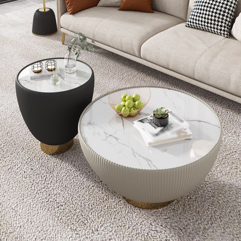 Slate Round Top Coffee Table Faux Leather Solid Base Cocktail Table