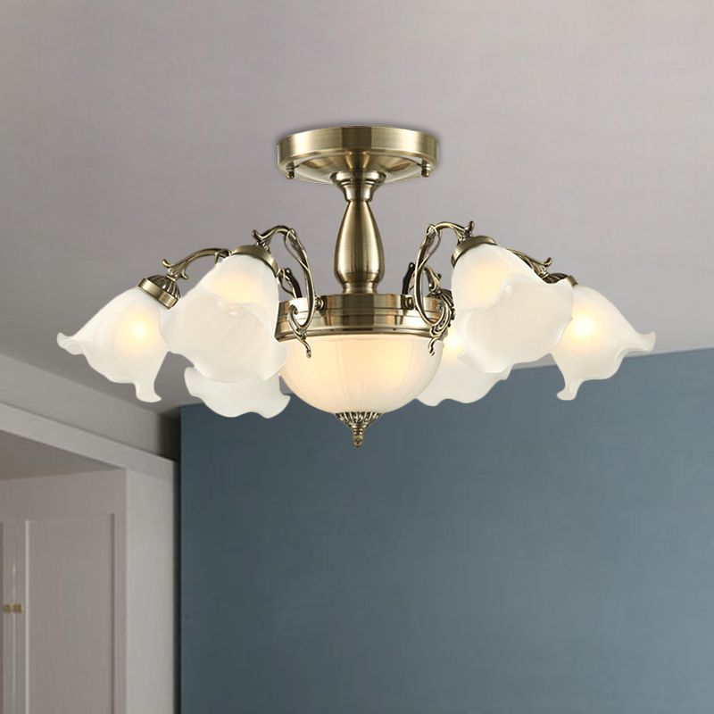 8 lampen Bloem Semi Montage Verlichtingsstijl Landelijke stijl Bronze/messing/koperen Melkglas dicht bij plafondlamp met schuifarm