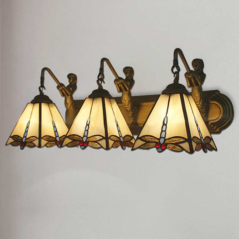 Tiffany Dragonfly Sconce Lighting 3 Heads Beige Glass Wall Mount Light with Mermaid Backplate
