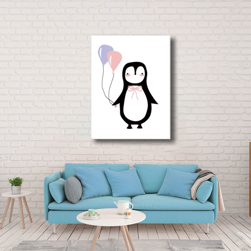Penguin with Balloon Wall Decor Children's Art Textured Canvas Print in Black for Bedroom