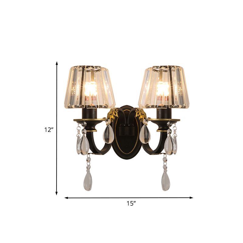 Conical Crystal Wall Lamp Sconce Modern 2 Lights Living Room Wall Light in Black and Gold