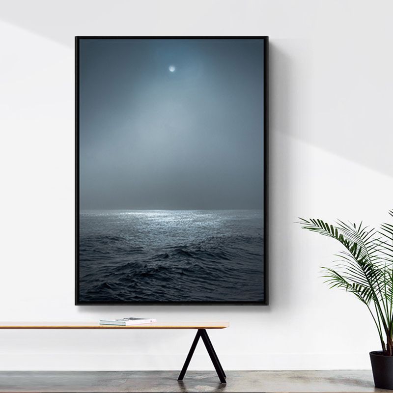 Photograph Style Modern Canvas Wall Art with Sea at Night Pattern in Blue for Bedroom
