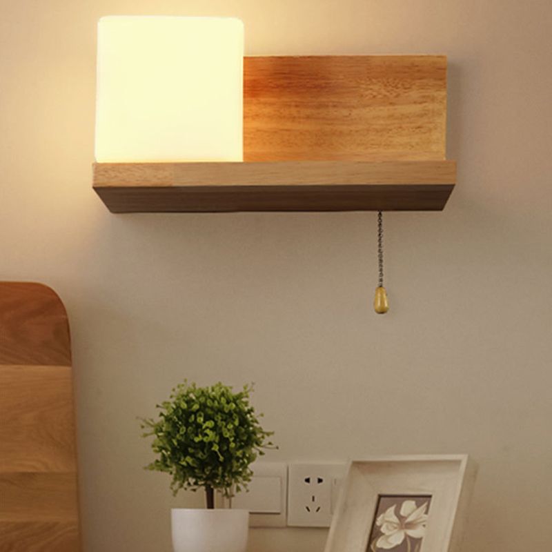 Contemporary Wall Light Fixture Wooden Wall Light Sconce with Glass Shade for Bedroom